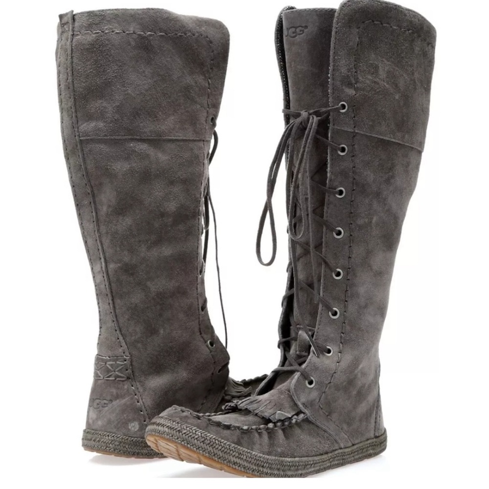 UGG Gray Lace Up Boots with Suede Finish